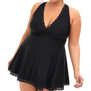 Torrid 2X New Black Lace Trim Swim Dress Swimsuit